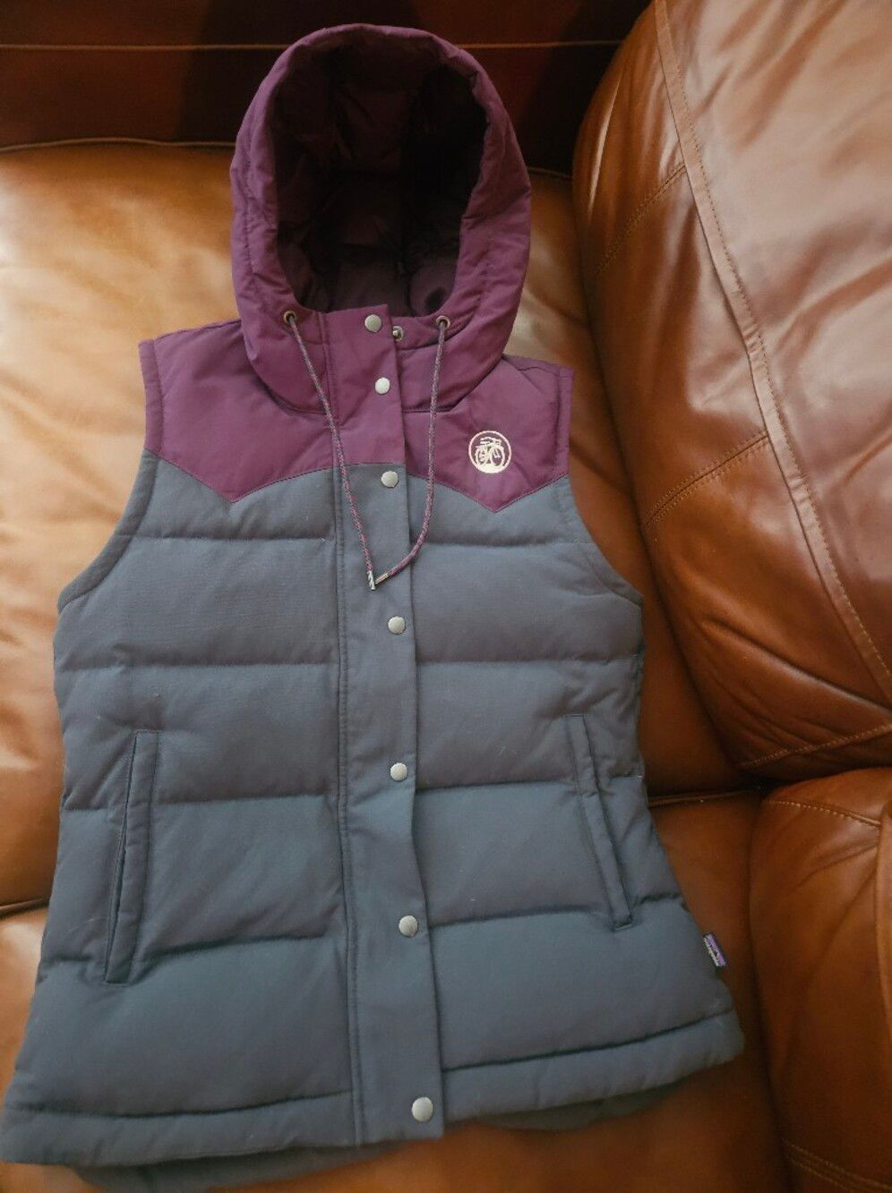 Patagonia Bivy Quilted Hooded Puffer Vest in Plum and Charcoal SMALL Like New